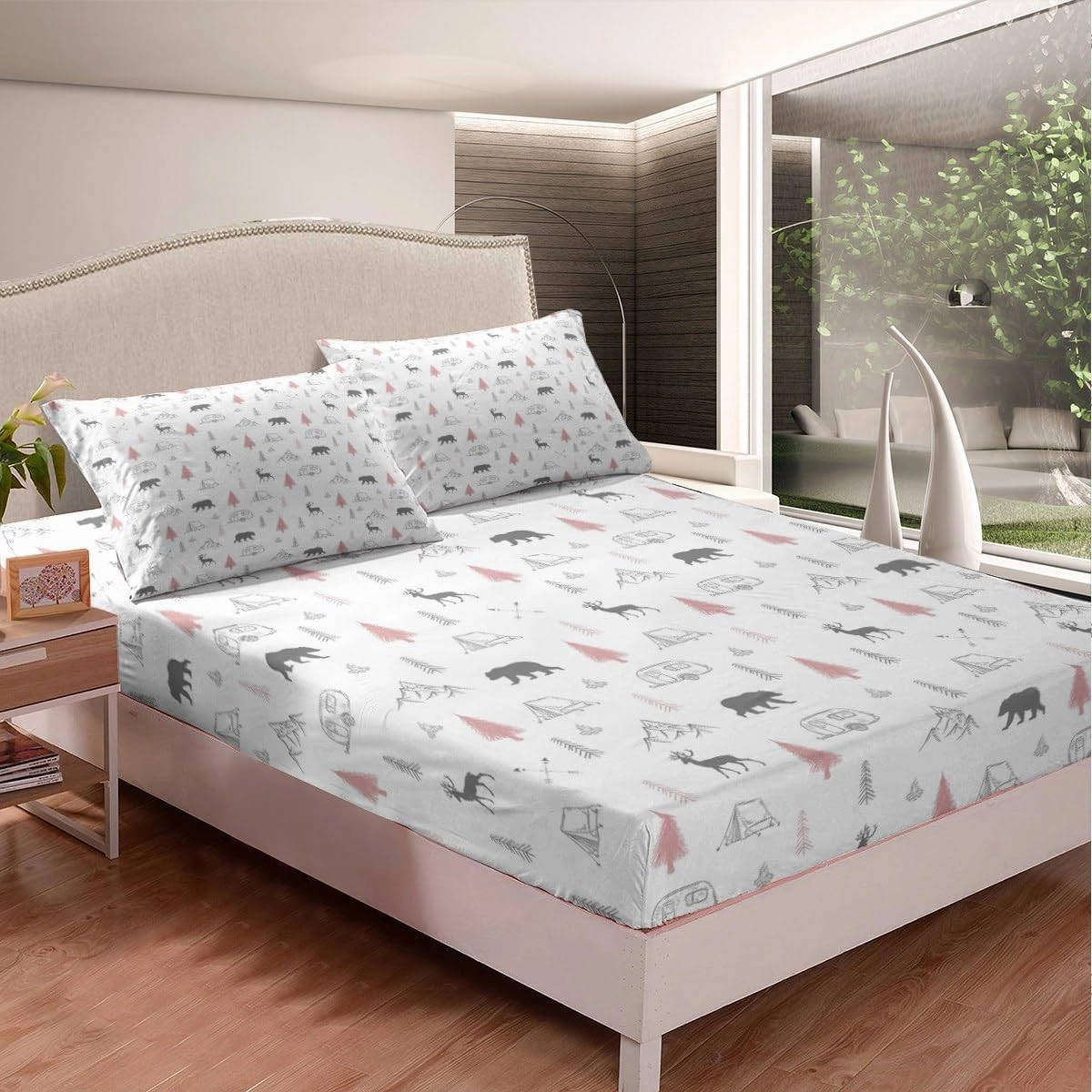 Bear Deer Print Fitted Sheet,Camping Car Adventure Bed Sheets for Kids Girls Adult Room Decor,Pine Tree Mountain Bedding Set,Wild Animals Plants Deep Pocket Sheet,Pink Grey White 2Pcs Twin Size