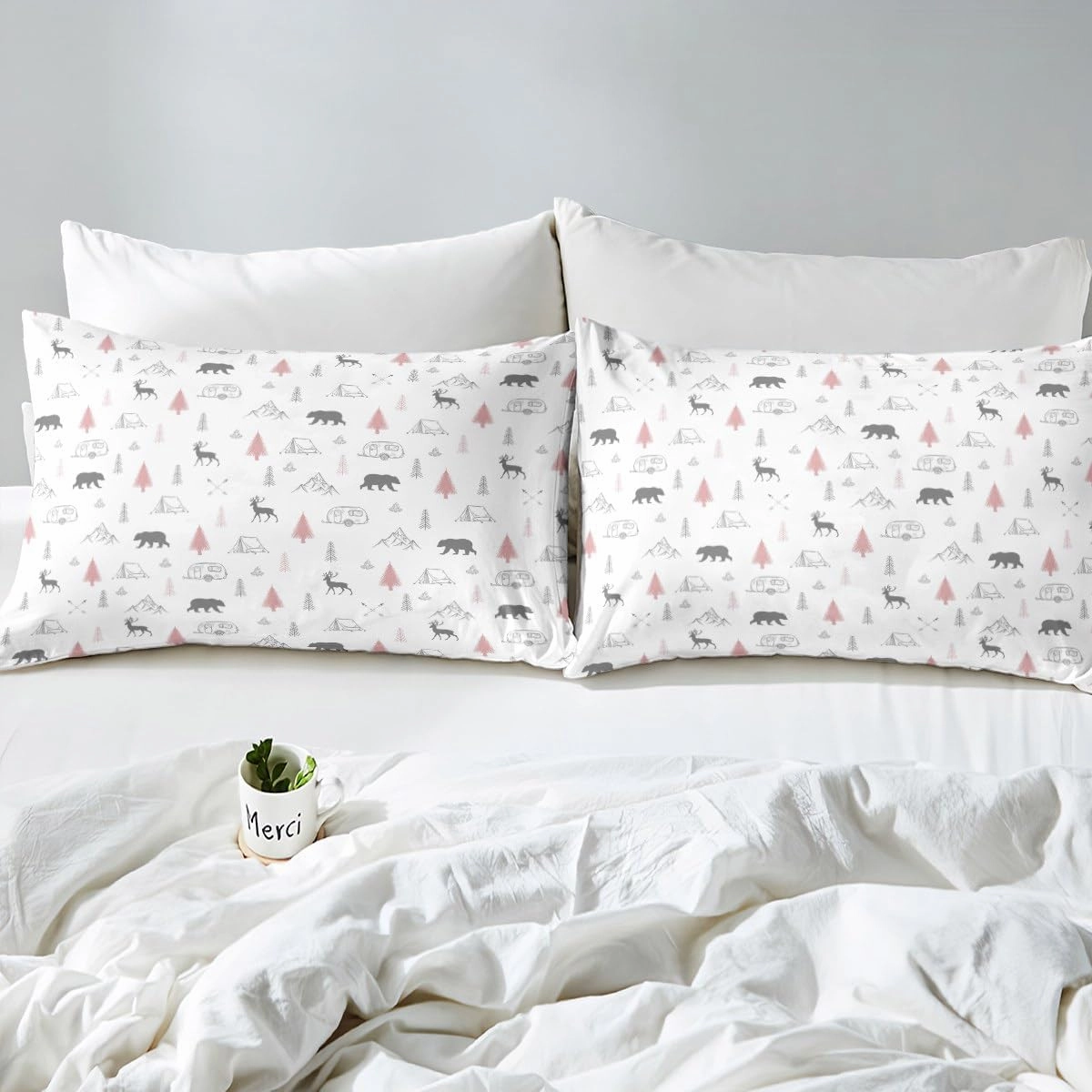 Bear Deer Print Fitted Sheet,Camping Car Adventure Bed Sheets for Kids Girls Adult Room Decor,Pine Tree Mountain Bedding Set,Wild Animals Plants Deep Pocket Sheet,Pink Grey White 2Pcs Twin Size