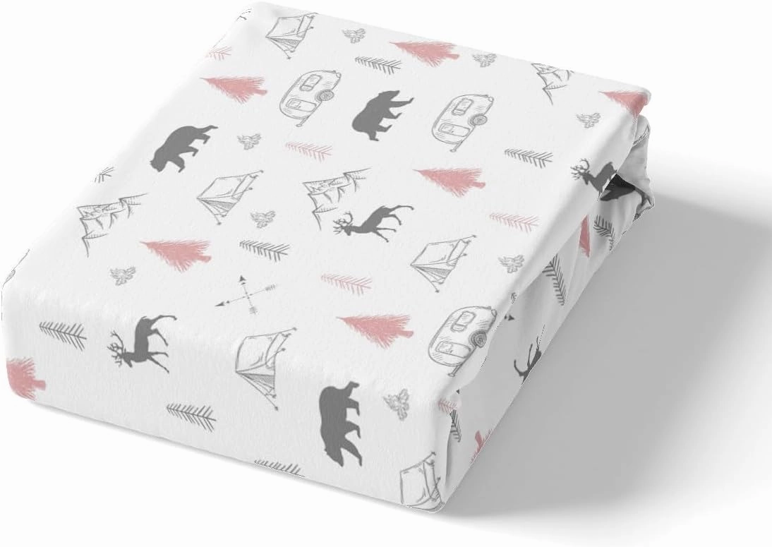 Bear Deer Print Fitted Sheet,Camping Car Adventure Bed Sheets for Kids Girls Adult Room Decor,Pine Tree Mountain Bedding Set,Wild Animals Plants Deep Pocket Sheet,Pink Grey White 2Pcs Twin Size