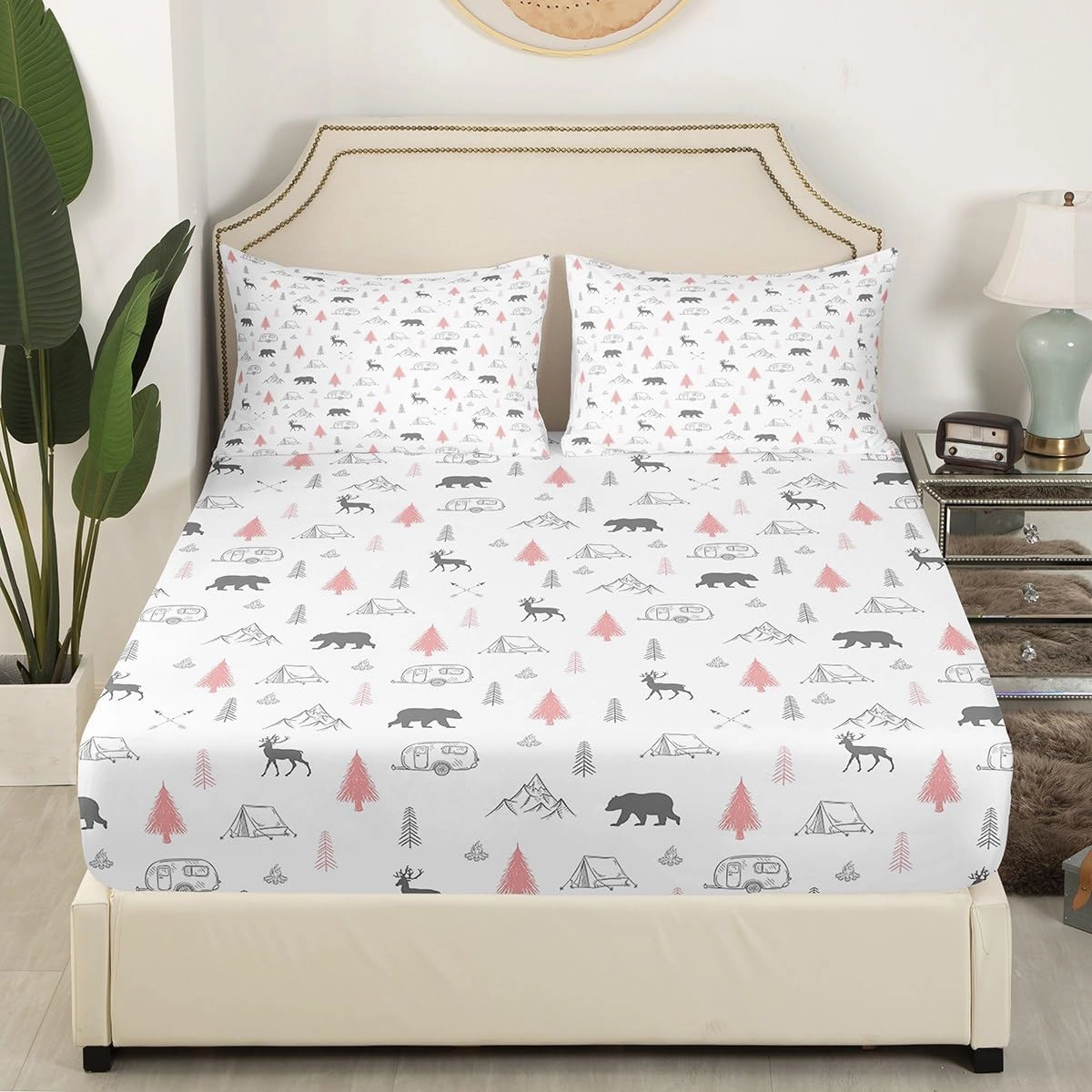 Bear Deer Print Fitted Sheet,Camping Car Adventure Bed Sheets for Kids Girls Adult Room Decor,Pine Tree Mountain Bedding Set,Wild Animals Plants Deep Pocket Sheet,Pink Grey White 2Pcs Twin Size