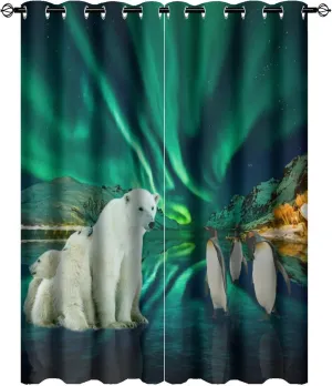 Beautiful Colorful Aurora Perforated Window Treatments,Rustic Nature Scenery Snowy Mountain Forest Cute Polar Bear Penguin Curtain Suitable for Bedroom,Living Room-2 Panels 54" L x21 W