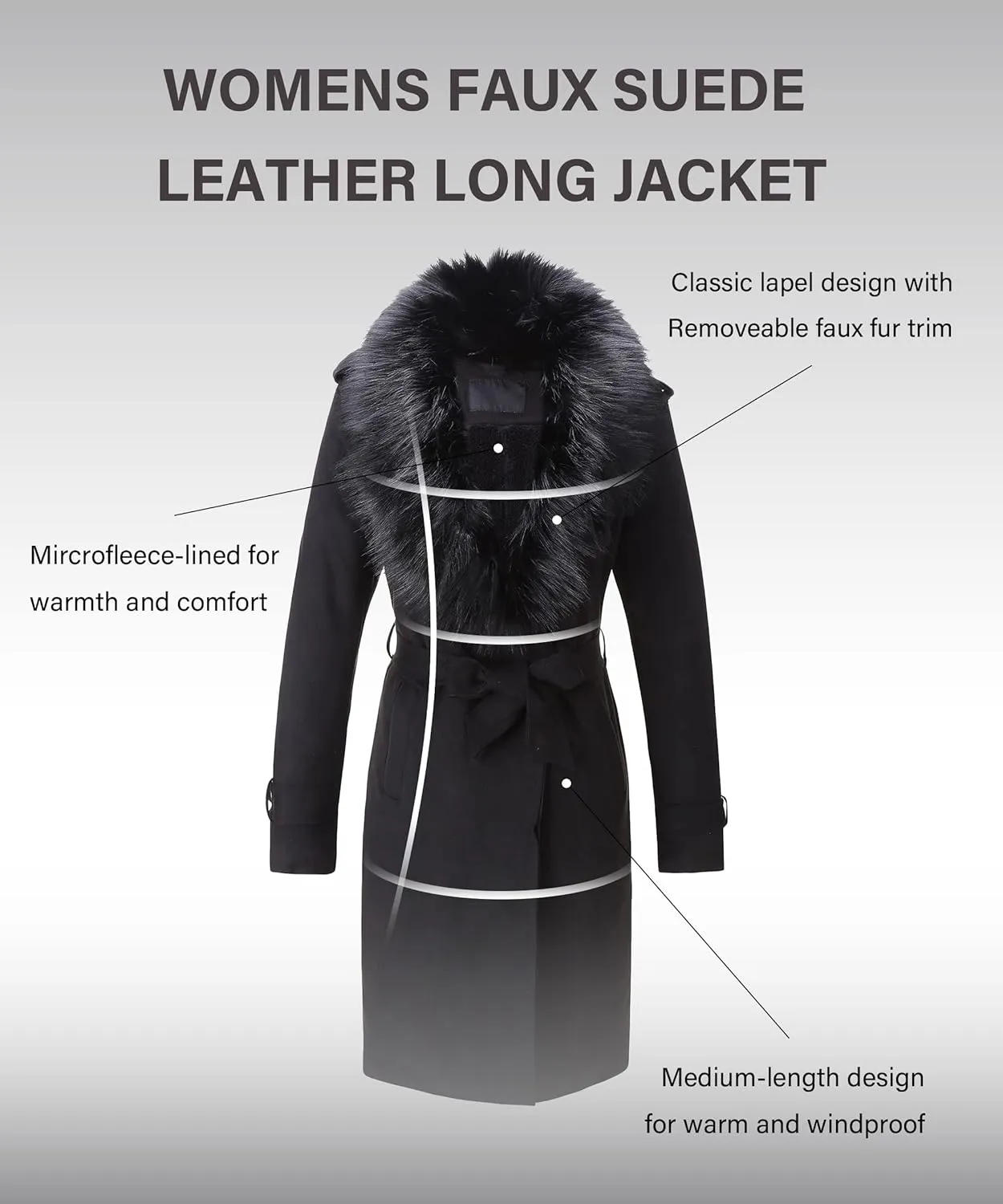 Bellivera Women Faux Leather Trench Coat Fleece-Lined Mid-length Jacket with Detachable Fur Collar