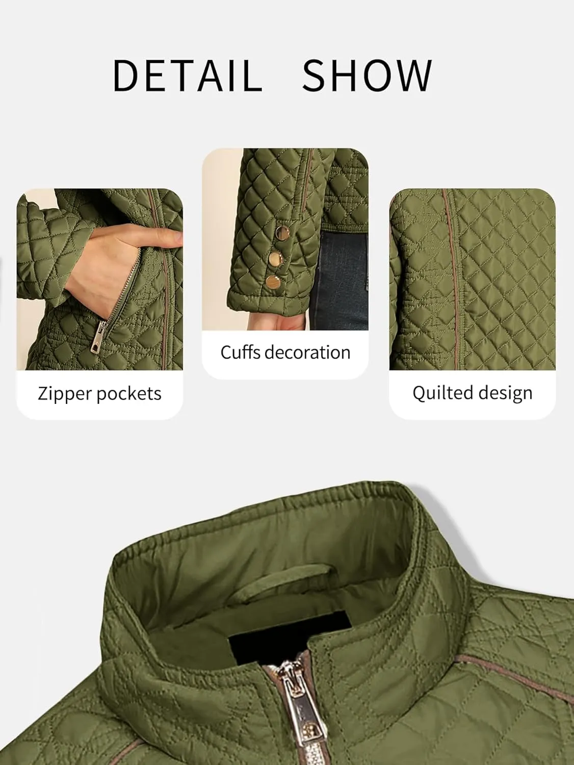 Bellivera Women's Stand Collar Lightweight Quilted Puffer Jacket Padded Zip Coat for Spring and Winter