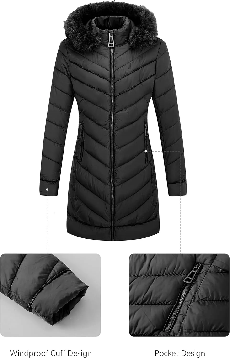 Bellivera Women's Winter Thickened Quilted Puffer Jacket Zipper Pockets Bubble Coat with Removable Hood and Faux Fur Collar