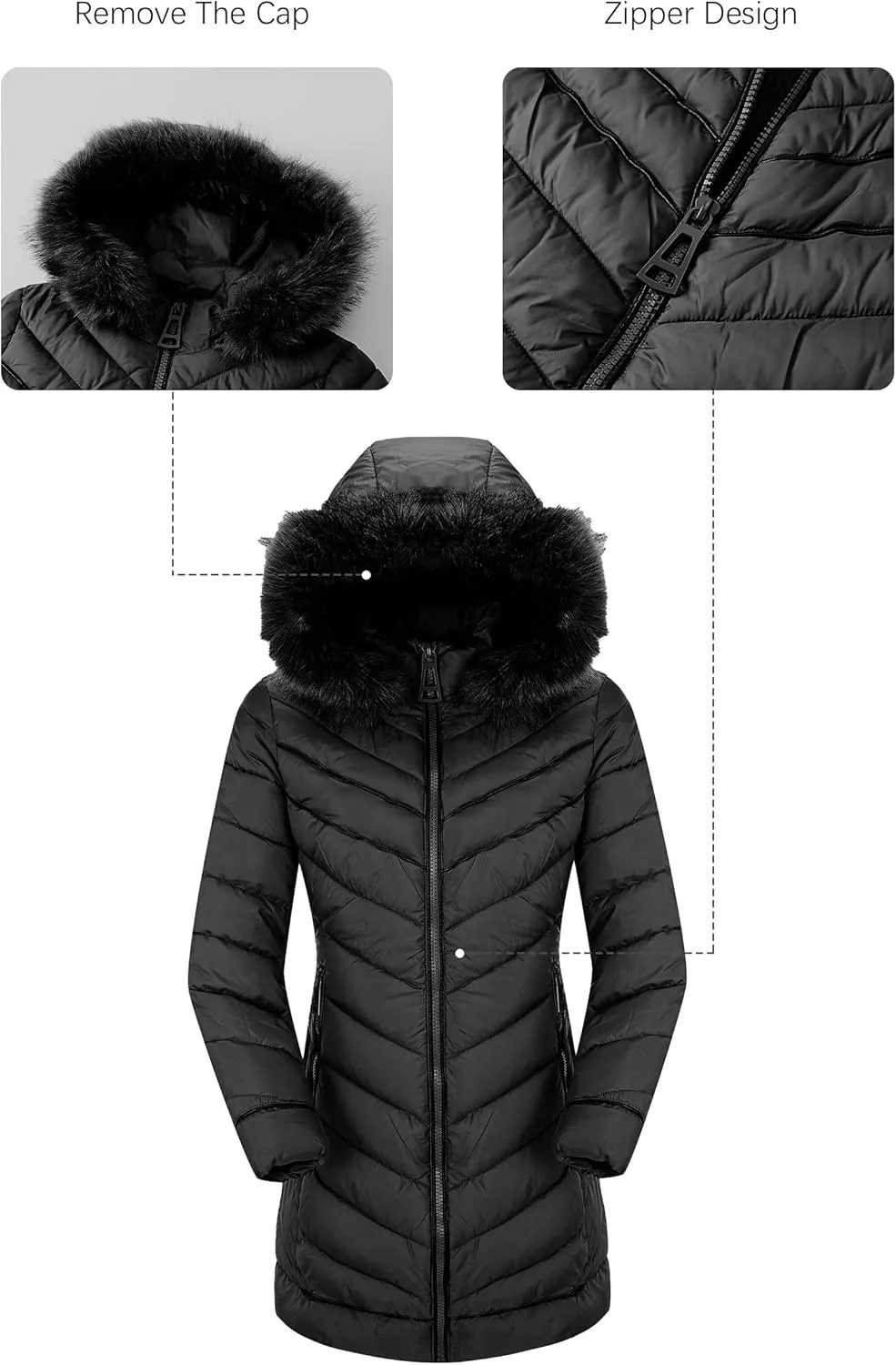 Bellivera Women's Winter Thickened Quilted Puffer Jacket Zipper Pockets Bubble Coat with Removable Hood and Faux Fur Collar