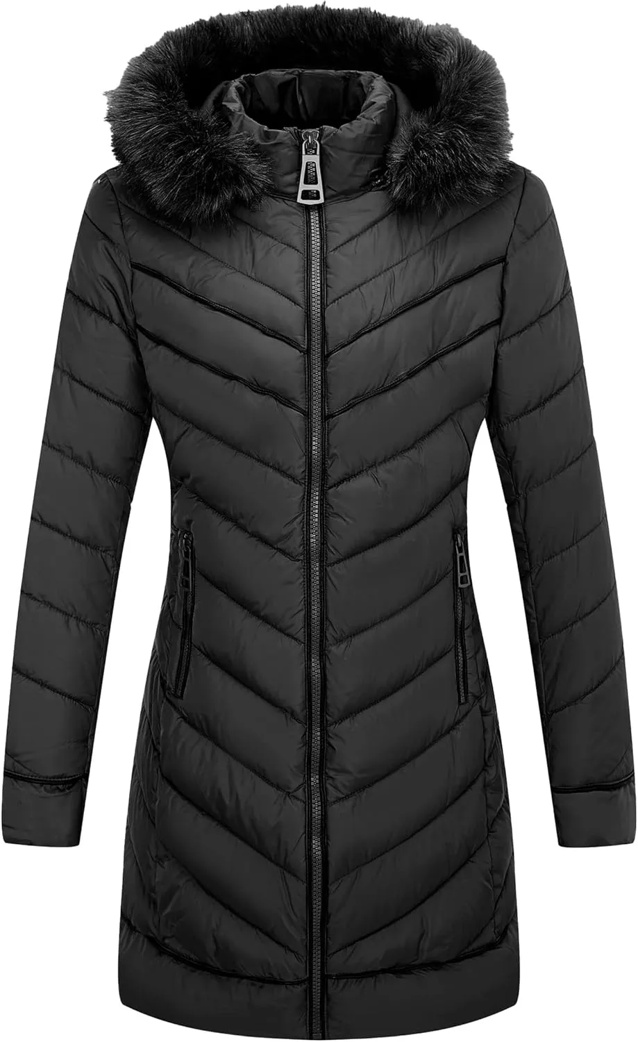 Bellivera Women's Winter Thickened Quilted Puffer Jacket Zipper Pockets Bubble Coat with Removable Hood and Faux Fur Collar