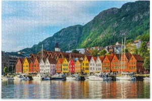 Bergen Norway Jigsaw Puzzle 1000 Pieces Colorful House Lake Mountain Puzzles for Adults Kids DIY Gifts