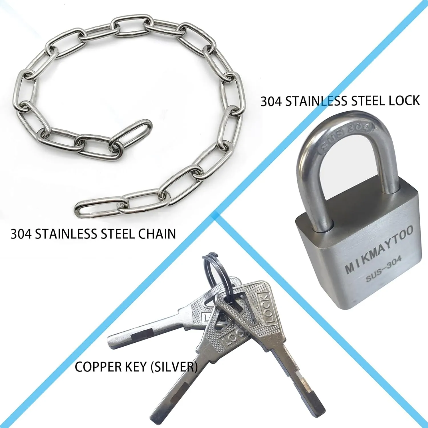 Bike Chain Lock, Gate Chain Lock, 304 Stainless Steel Materials. No Rust, Corrosion Resistance, Premium Case-Hardened Security for Motorcycles, Bike, Generator, Gates,Outdoor (20 INCH Chain Lock)