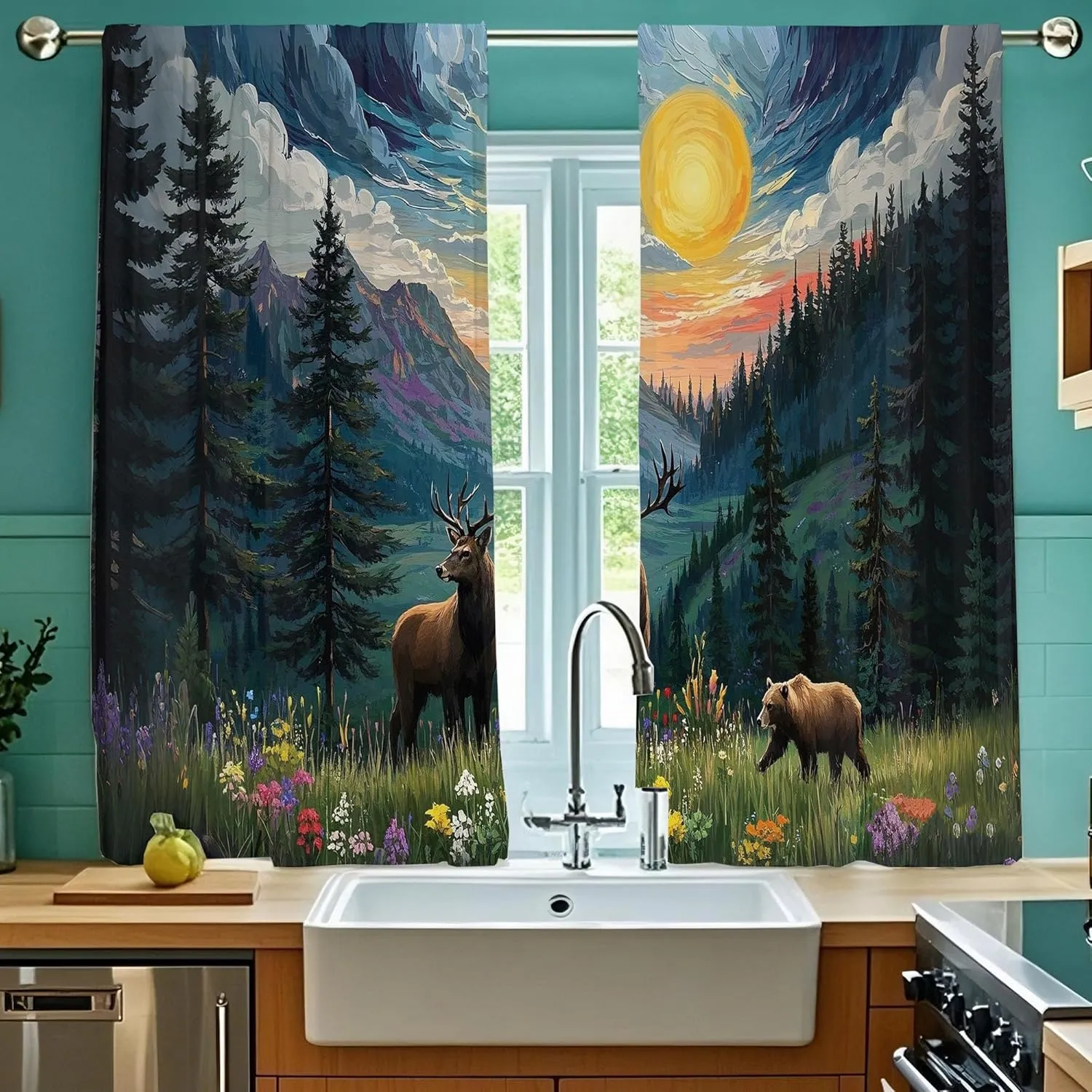 Black Forest Deer Bear Rustic Kitchen Curtains 36 inches Moon Farmhouse Rustic Mountain Cabin Country Cafe Small Short Bathroom Curtain Window Treatment Tiers Drapes (2 Panels, 52 inches Wide)