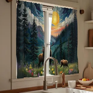 Black Forest Deer Bear Rustic Kitchen Curtains 36 inches Moon Farmhouse Rustic Mountain Cabin Country Cafe Small Short Bathroom Curtain Window Treatment Tiers Drapes (2 Panels, 52 inches Wide)
