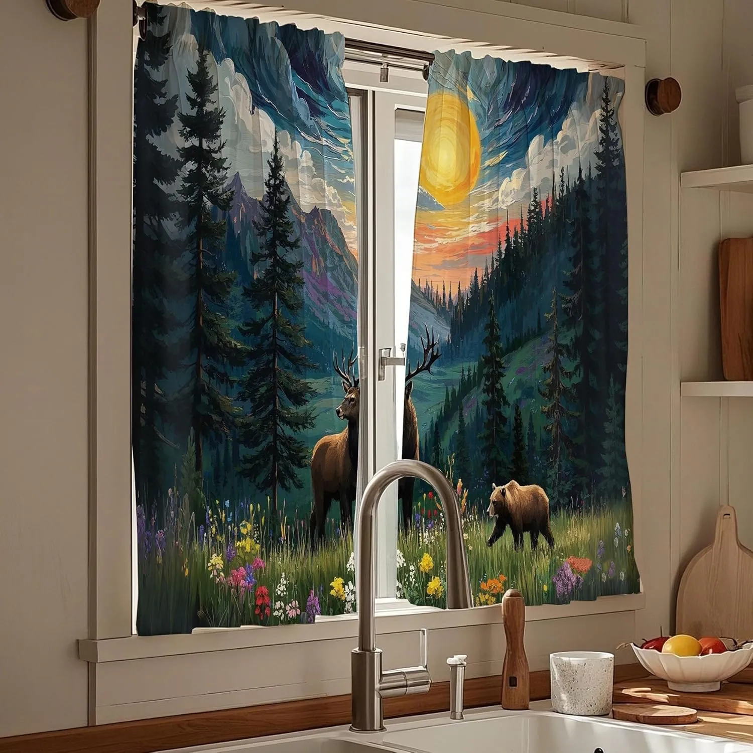 Black Forest Deer Bear Rustic Kitchen Curtains 36 inches Moon Farmhouse Rustic Mountain Cabin Country Cafe Small Short Bathroom Curtain Window Treatment Tiers Drapes (2 Panels, 52 inches Wide)