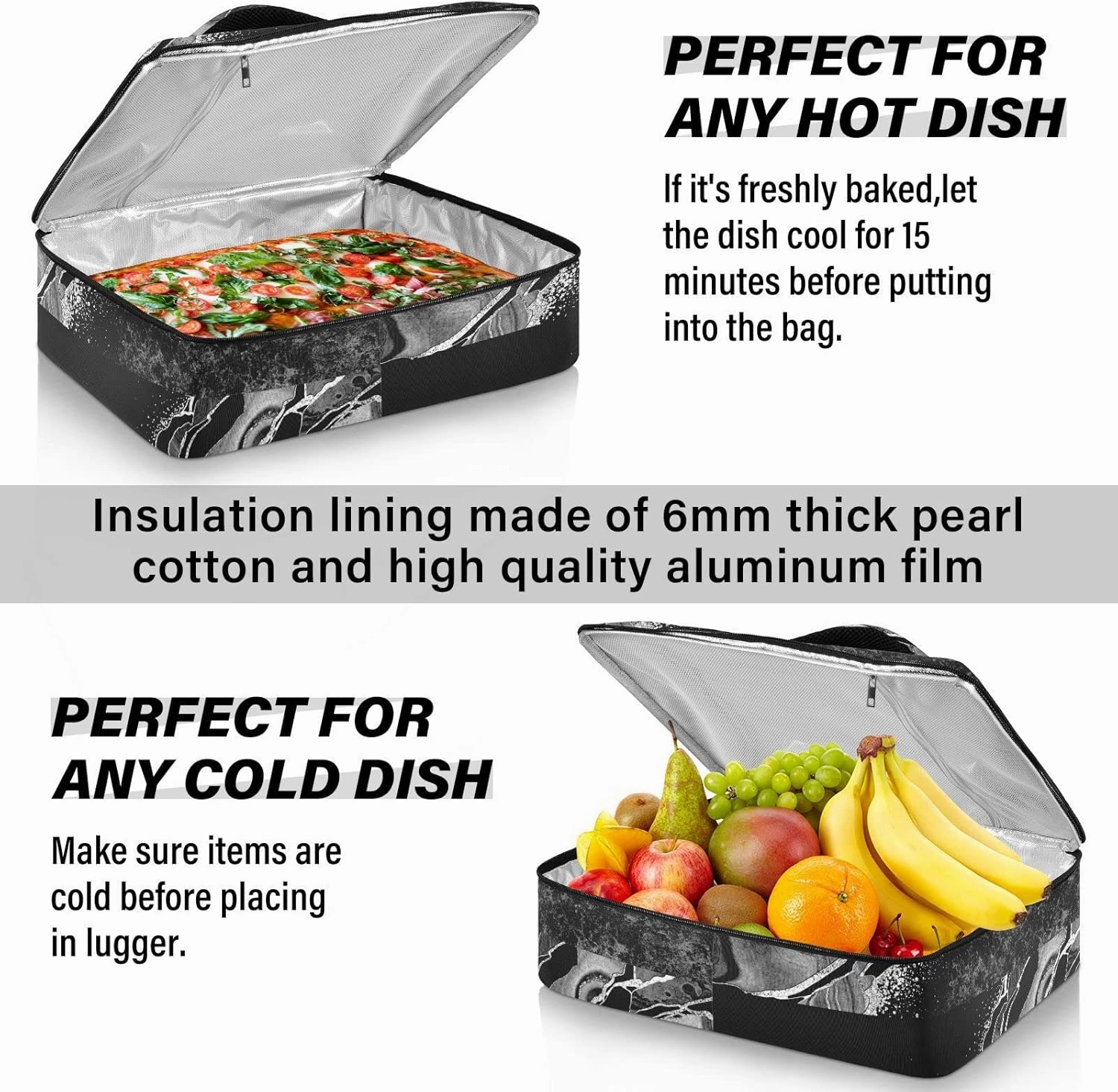 Black White Marble Green Malachite with Silver White Veins Gold Insulated Casserole Dish Carrier Bag 9x13 with Lid, Warmer Portable Tote for Hot or Cold Food Picnic Party Potluck Beach