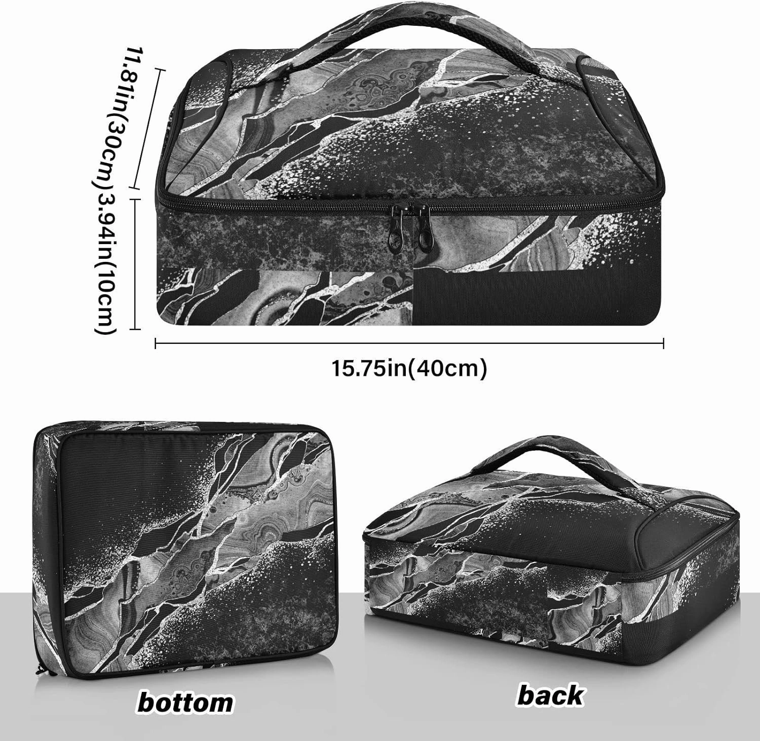 Black White Marble Green Malachite with Silver White Veins Gold Insulated Casserole Dish Carrier Bag 9x13 with Lid, Warmer Portable Tote for Hot or Cold Food Picnic Party Potluck Beach