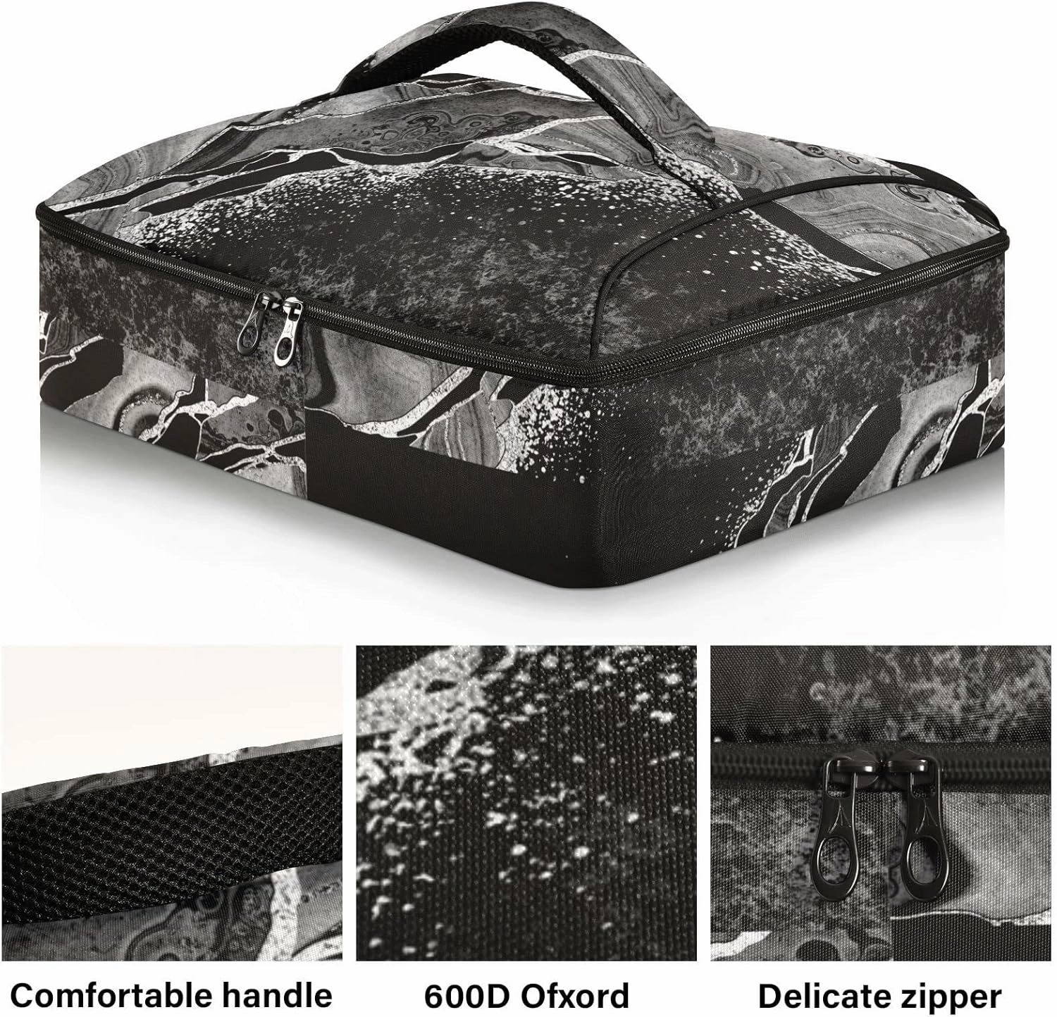 Black White Marble Green Malachite with Silver White Veins Gold Insulated Casserole Dish Carrier Bag 9x13 with Lid, Warmer Portable Tote for Hot or Cold Food Picnic Party Potluck Beach