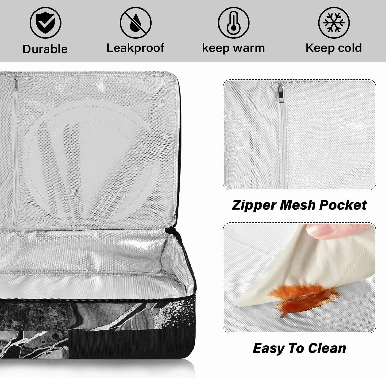Black White Marble Green Malachite with Silver White Veins Gold Insulated Casserole Dish Carrier Bag 9x13 with Lid, Warmer Portable Tote for Hot or Cold Food Picnic Party Potluck Beach