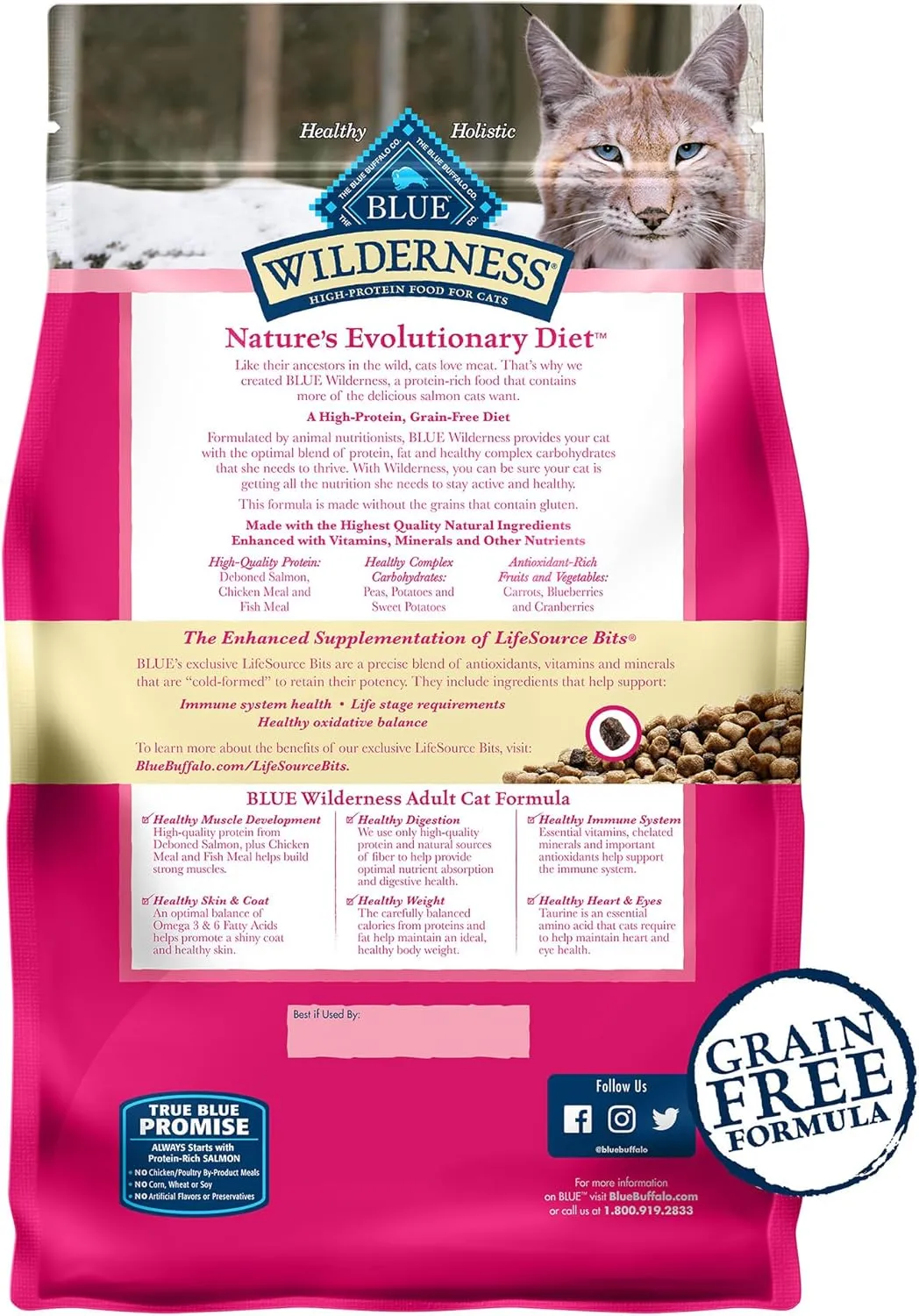 Blue Buffalo Wilderness Natural Adult Dry Cat Food, High-Protein and Grain-Free Diet, Supports Healthy Muscle Development and a Healthy Immune System, Salmon, 5-lb Bag