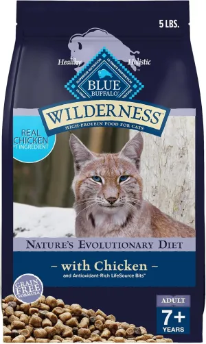 Blue Buffalo Wilderness Natural Mature Dry Cat Food for Cats 7  Years, High-Protein and Grain-Free Diet, Supports Immune System Health and Energy to Stay Active, Chicken, 5-lb. Bag