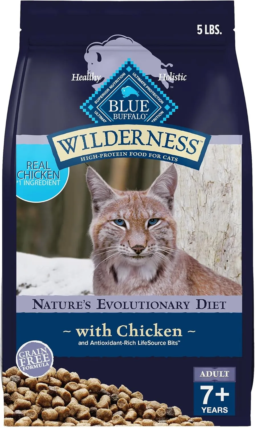 Blue Buffalo Wilderness Natural Mature Dry Cat Food for Cats 7  Years, High-Protein and Grain-Free Diet, Supports Immune System Health and Energy to Stay Active, Chicken, 5-lb. Bag