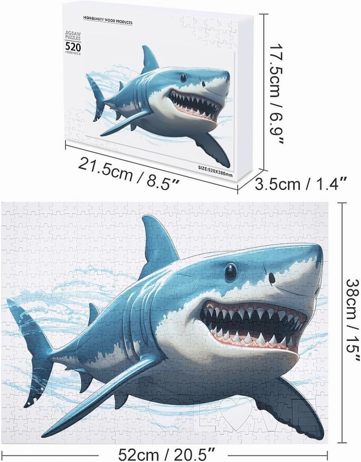 Blue Shark Puzzles 520 Pieces Personalized Jigsaw Puzzles Blue Shark Photo Puzzle Challenging Picture Puzzle for Adults Personaliz Jigsaw with Storage Bag (20.5" X 15")