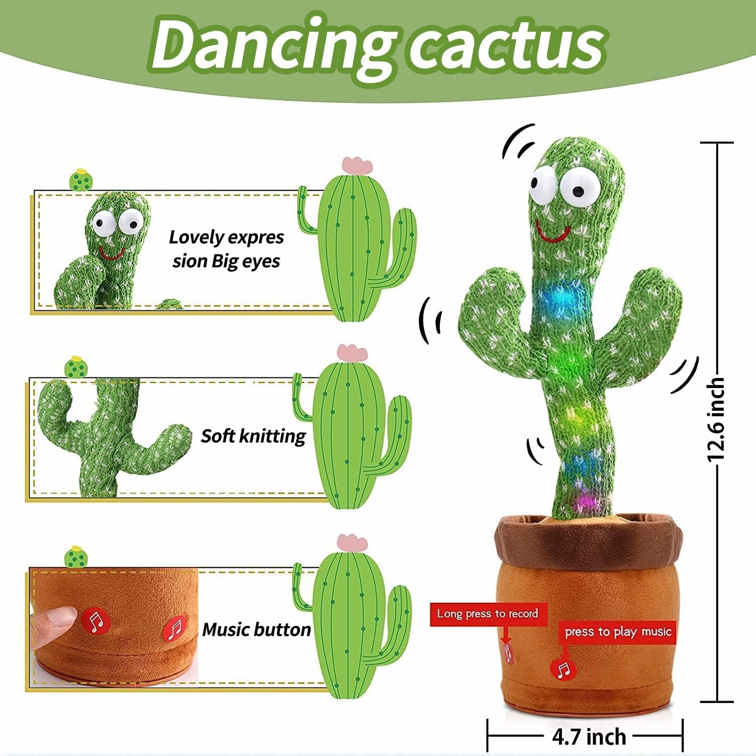 Bonistasia Dancing Cactus Toy, Talking Cactus, Luminous Cactus Plush Toy, Funny Dancing Cactus Plush Toy, Cute Talking and Dancing Cactus Plush Toy Electronic Shake, Party Gifts (Battery)