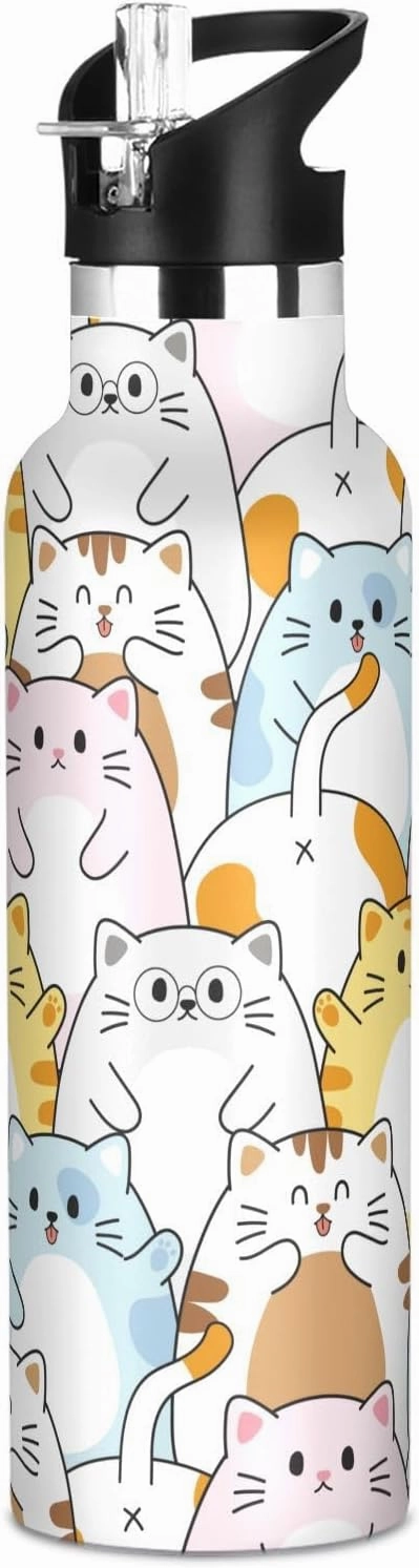 Boys Water Bottle with Straw Reusable Tumbler for Toddlers 20oz Kids Insulated Cups Leak Proof Double Wall 304 Stainless Steel Water Flask School Bottle,Cute Colorful Car
