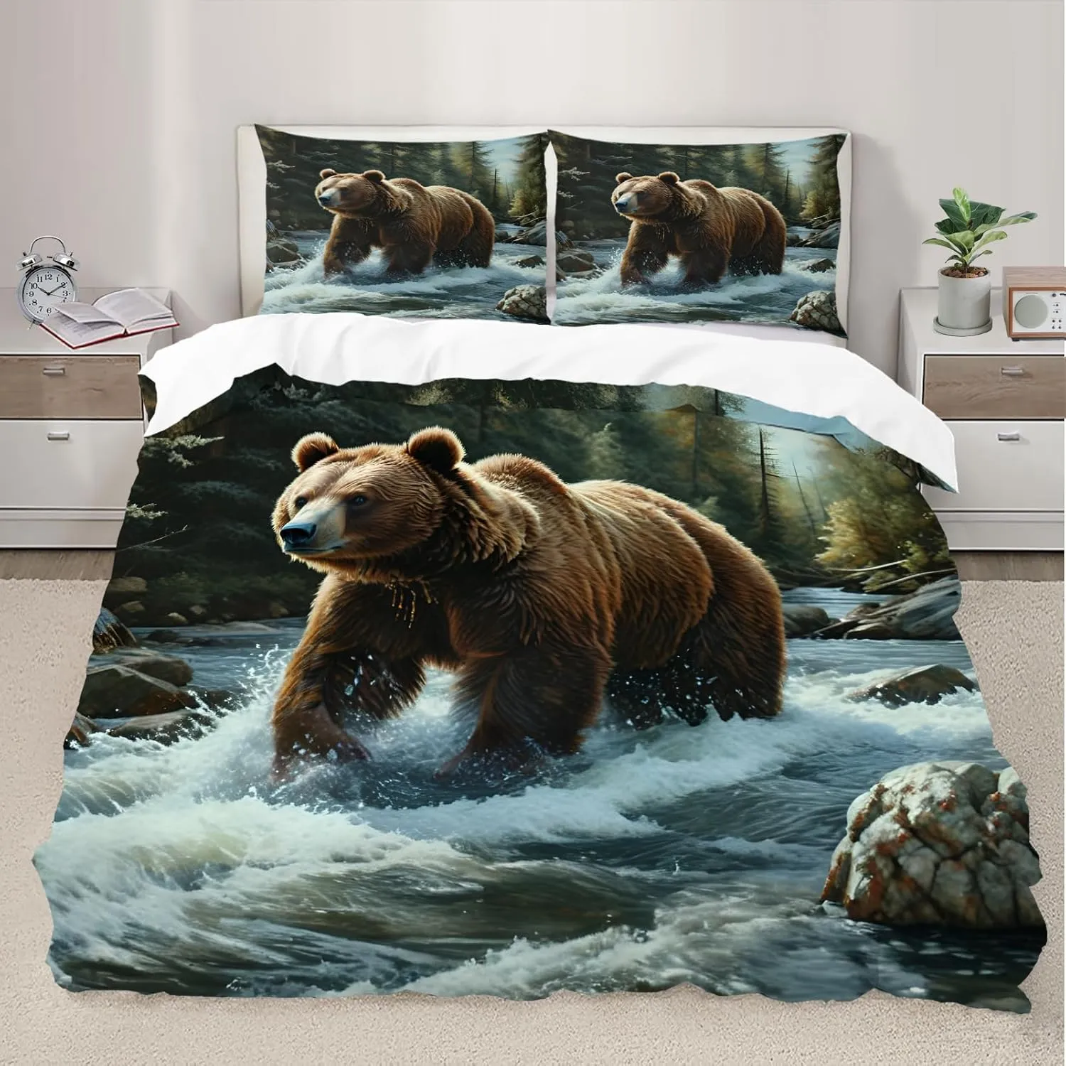 Brown Bear Kids Duvet Cover, Green Jungle Stream River Quilt Cover, Microfiber Breathable 3 Pieces Bedding Duvet Cover Set for Bedroom All Seasons Better Sleep, Twin Size, Brown Bear