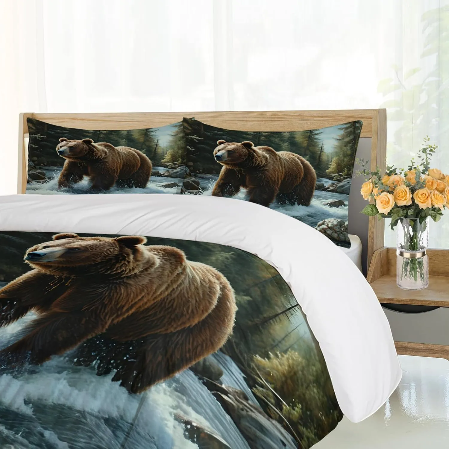 Brown Bear Kids Duvet Cover, Green Jungle Stream River Quilt Cover, Microfiber Breathable 3 Pieces Bedding Duvet Cover Set for Bedroom All Seasons Better Sleep, Twin Size, Brown Bear