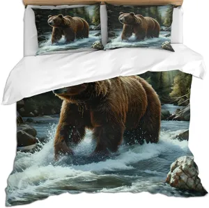 Brown Bear Kids Duvet Cover, Green Jungle Stream River Quilt Cover, Microfiber Breathable 3 Pieces Bedding Duvet Cover Set for Bedroom All Seasons Better Sleep, Twin Size, Brown Bear