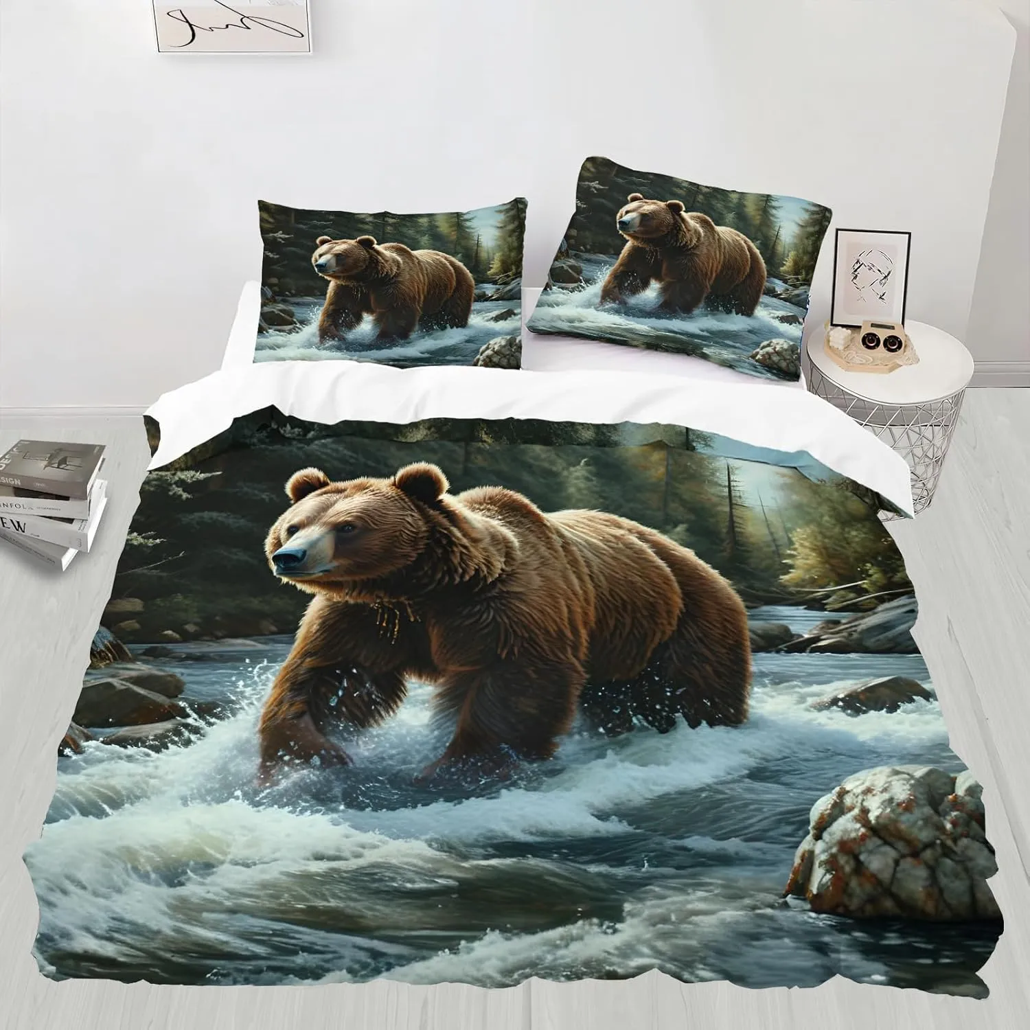 Brown Bear Kids Duvet Cover, Green Jungle Stream River Quilt Cover, Microfiber Breathable 3 Pieces Bedding Duvet Cover Set for Bedroom All Seasons Better Sleep, Twin Size, Brown Bear