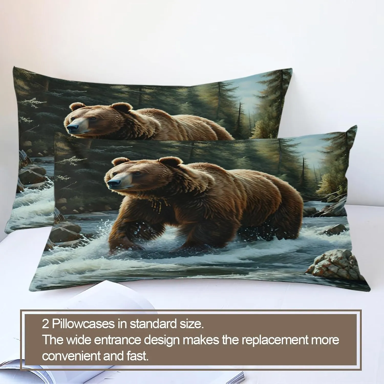 Brown Bear Kids Duvet Cover, Green Jungle Stream River Quilt Cover, Microfiber Breathable 3 Pieces Bedding Duvet Cover Set for Bedroom All Seasons Better Sleep, Twin Size, Brown Bear