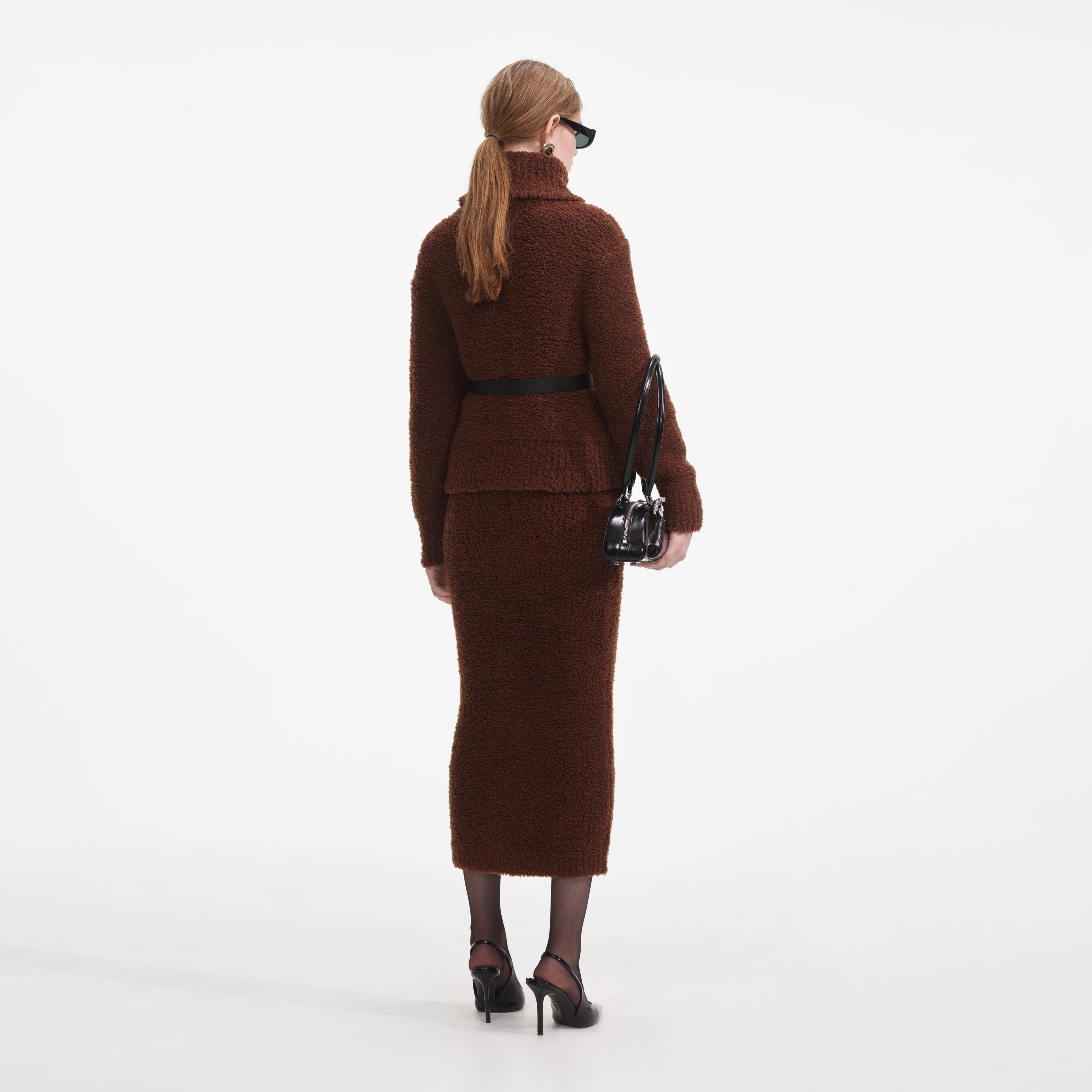 Brown Fluffy Knit Midi Skirt