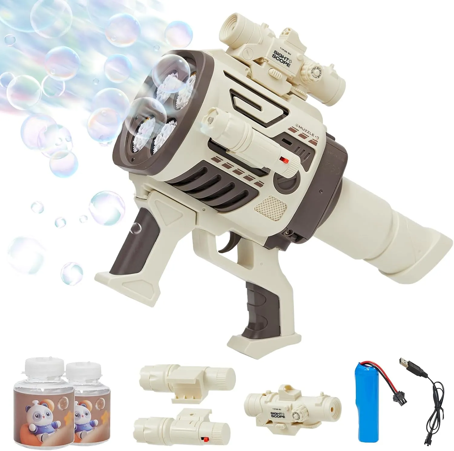 Bubble Gun for Kids: Fast-Fill No Dipping 4 Muzzles Rechargable Rocket Bubble Blaster Blower Gun for Boys Girls Bubble Toys Machine for Summer Fun Wedding Party Pistola de Burbujas para Niños(Brown)