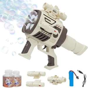 Bubble Gun for Kids: Fast-Fill No Dipping 4 Muzzles Rechargable Rocket Bubble Blaster Blower Gun for Boys Girls Bubble Toys Machine for Summer Fun Wedding Party Pistola de Burbujas para Niños(Brown)