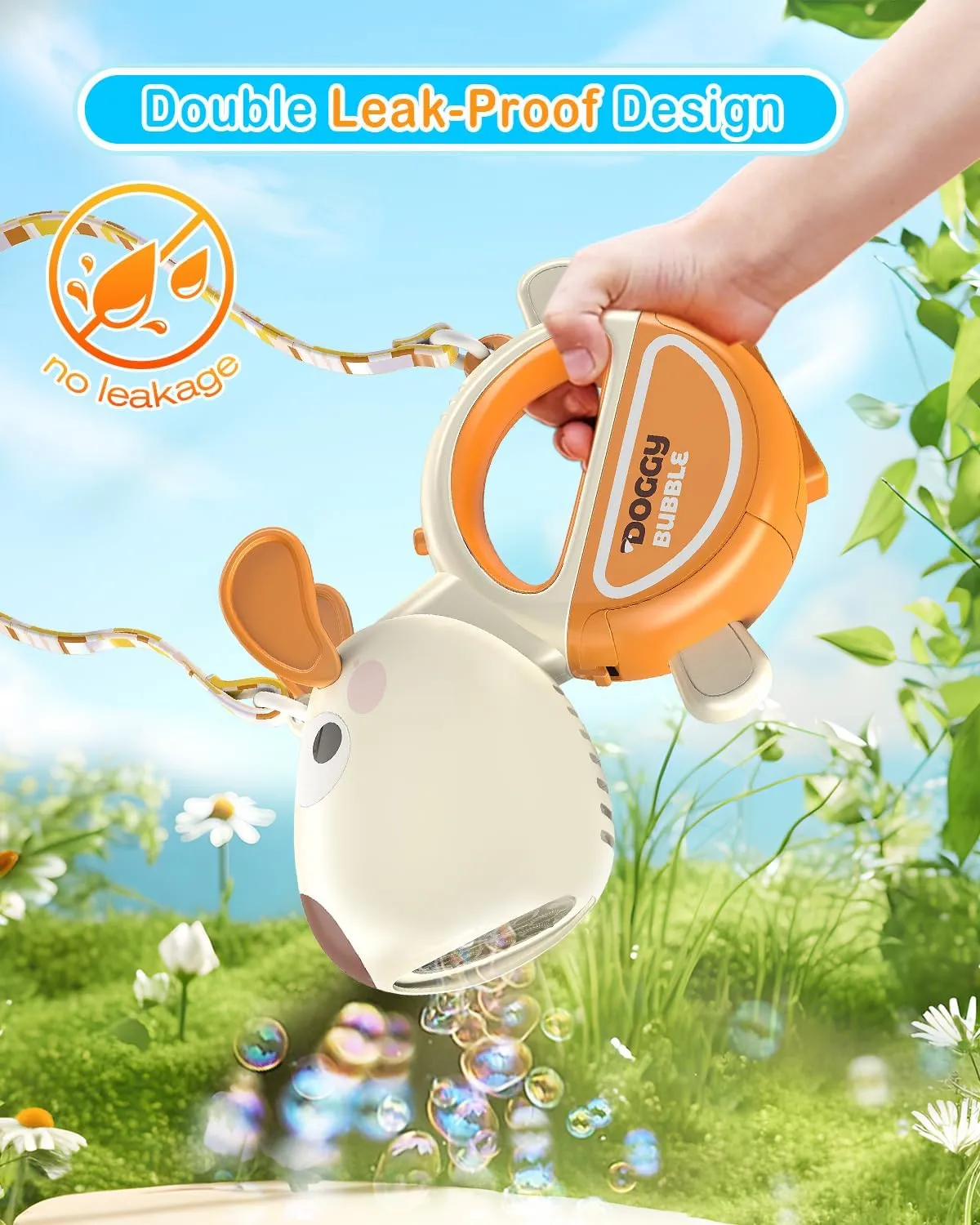 Bubble Gun with Handle & Strap, Portable Automatic Dog Bubble Machine Gun for Toddlers Kids 1-3 4-8 with Lights Music, 360°Leak Proof Bubble Blower for Birthday Girls Boys Pet Gifts