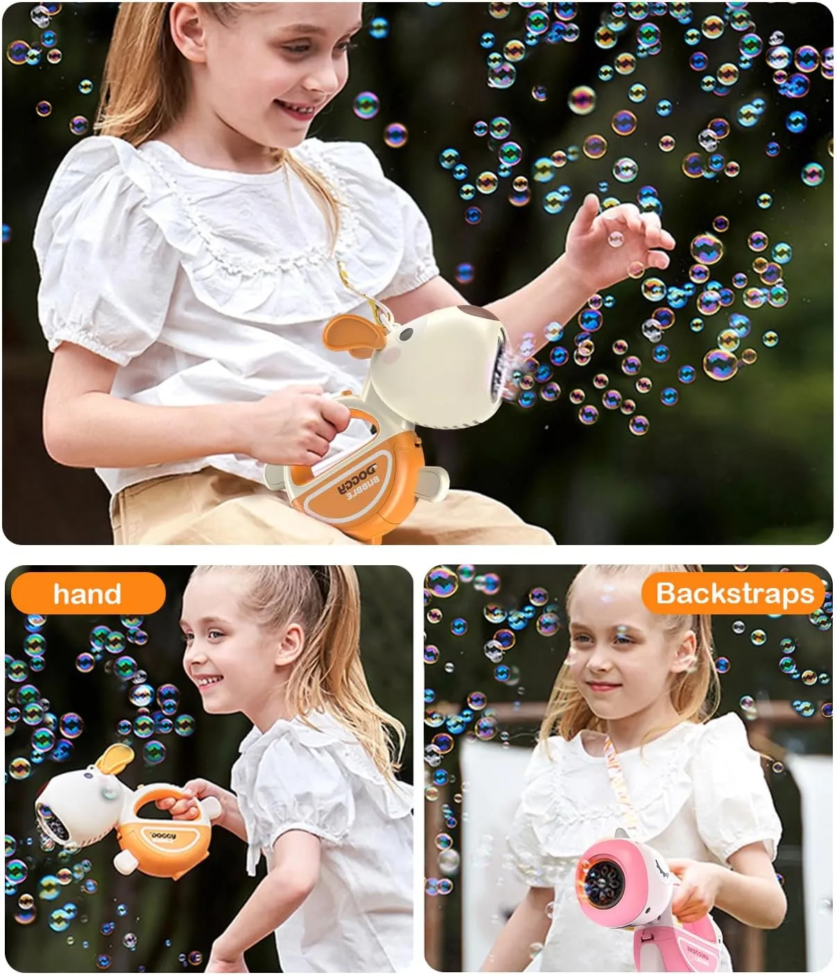 Bubble Gun with Handle & Strap, Portable Automatic Dog Bubble Machine Gun for Toddlers Kids 1-3 4-8 with Lights Music, 360°Leak Proof Bubble Blower for Birthday Girls Boys Pet Gifts
