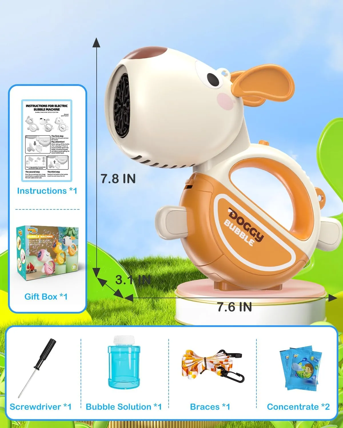 Bubble Gun with Handle & Strap, Portable Automatic Dog Bubble Machine Gun for Toddlers Kids 1-3 4-8 with Lights Music, 360°Leak Proof Bubble Blower for Birthday Girls Boys Pet Gifts