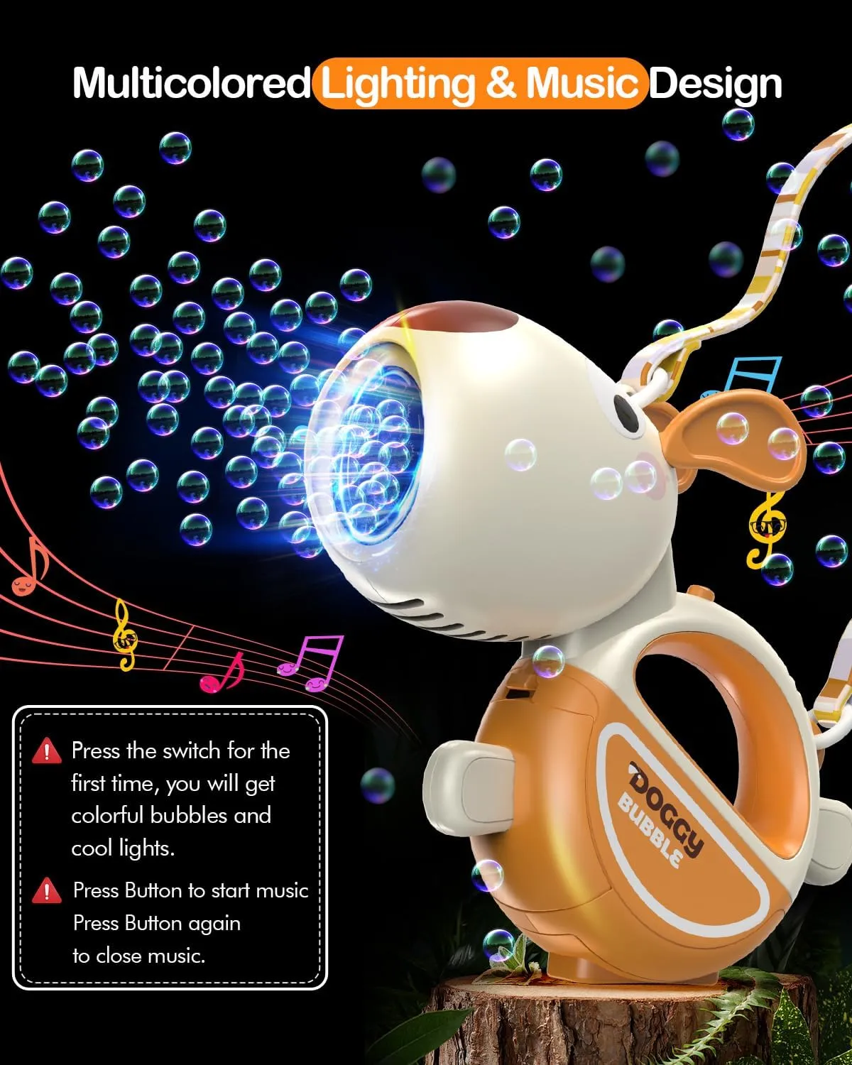 Bubble Gun with Handle & Strap, Portable Automatic Dog Bubble Machine Gun for Toddlers Kids 1-3 4-8 with Lights Music, 360°Leak Proof Bubble Blower for Birthday Girls Boys Pet Gifts