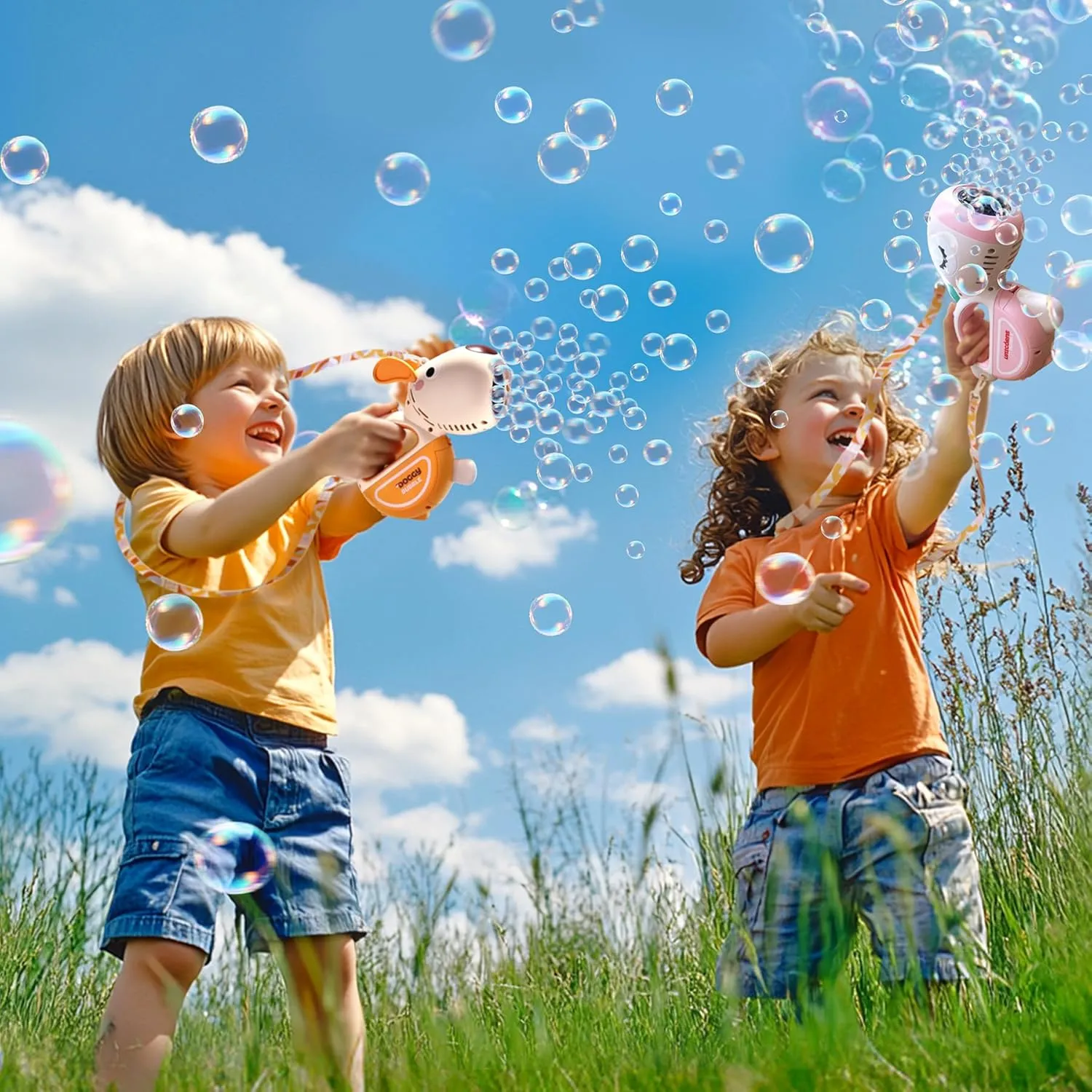 Bubble Gun with Handle & Strap, Portable Automatic Dog Bubble Machine Gun for Toddlers Kids 1-3 4-8 with Lights Music, 360°Leak Proof Bubble Blower for Birthday Girls Boys Pet Gifts