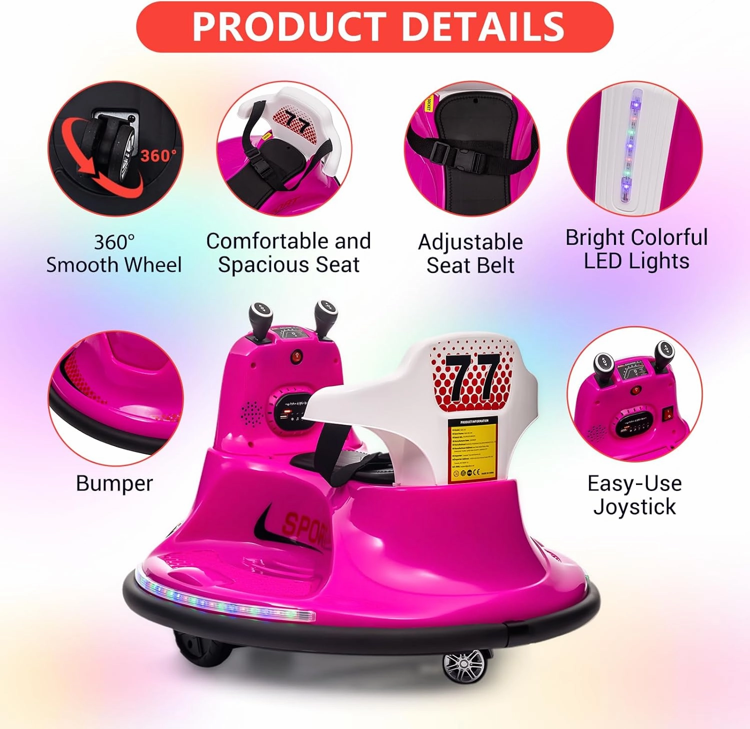 Bumper Cars for Toddlers, Electric Ride On Car, Kids Car with Remote Control, 360 Degree Spin, LED Lights, Ride On Toys for Kids, Pink