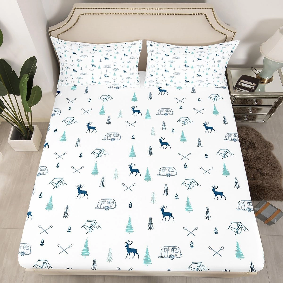Camper Car Tent Fitted Sheet Queen Size,Deer Pine Tree and Lake Boat Paddle Print Bedding Set Kids Teens Adult Room Decor,Camping Hunting Bed Sheets White Green Navy Deep Pocket Sheet,2 Pillowcase