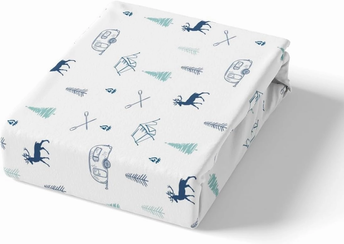Camper Car Tent Fitted Sheet Queen Size,Deer Pine Tree and Lake Boat Paddle Print Bedding Set Kids Teens Adult Room Decor,Camping Hunting Bed Sheets White Green Navy Deep Pocket Sheet,2 Pillowcase
