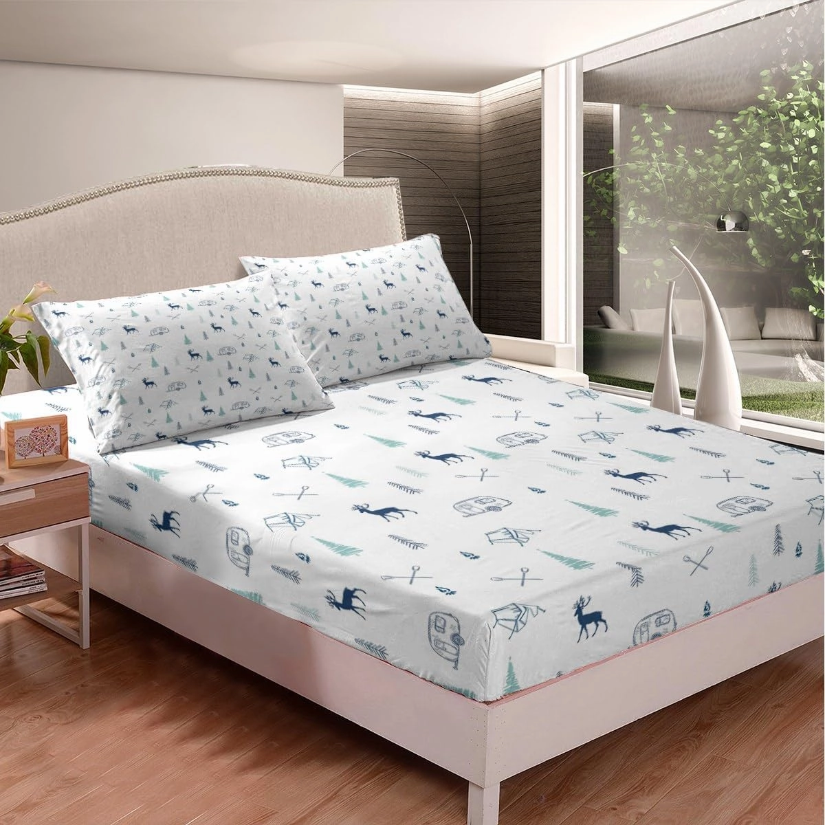 Camper Car Tent Fitted Sheet Queen Size,Deer Pine Tree and Lake Boat Paddle Print Bedding Set Kids Teens Adult Room Decor,Camping Hunting Bed Sheets White Green Navy Deep Pocket Sheet,2 Pillowcase