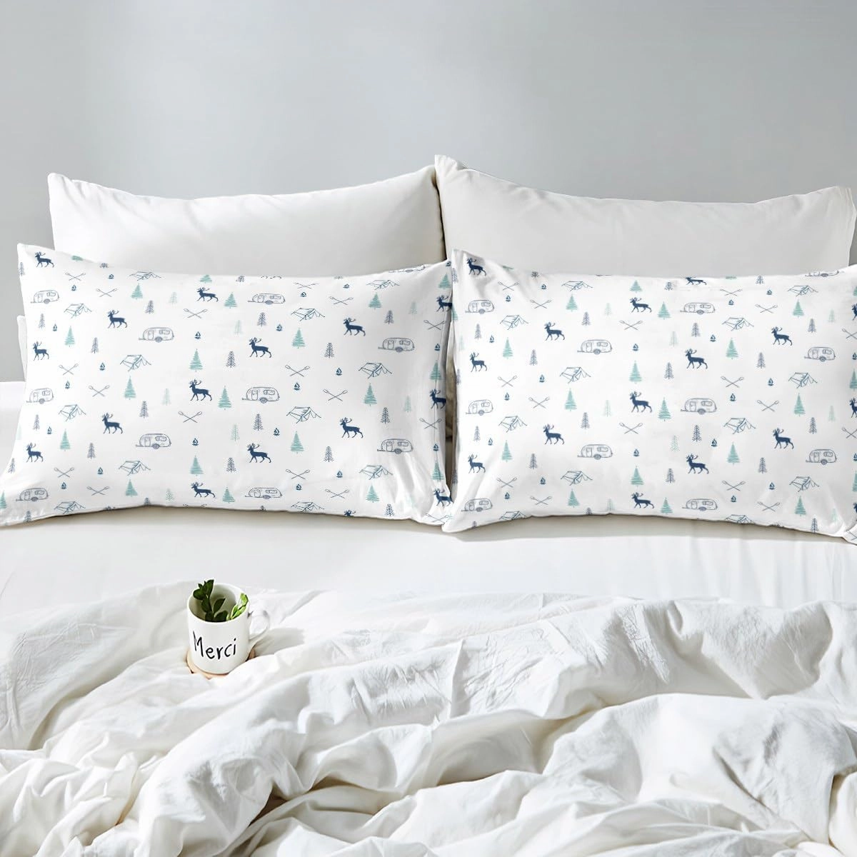 Camper Car Tent Fitted Sheet Queen Size,Deer Pine Tree and Lake Boat Paddle Print Bedding Set Kids Teens Adult Room Decor,Camping Hunting Bed Sheets White Green Navy Deep Pocket Sheet,2 Pillowcase