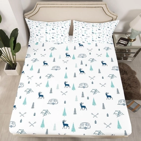 Camper Car Tent Fitted Sheet Queen Size,Deer Pine Tree and Lake Boat Paddle Print Bedding Set Kids Teens Adult Room Decor,Camping Hunting Bed Sheets White Green Navy Deep Pocket Sheet,2 Pillowcase