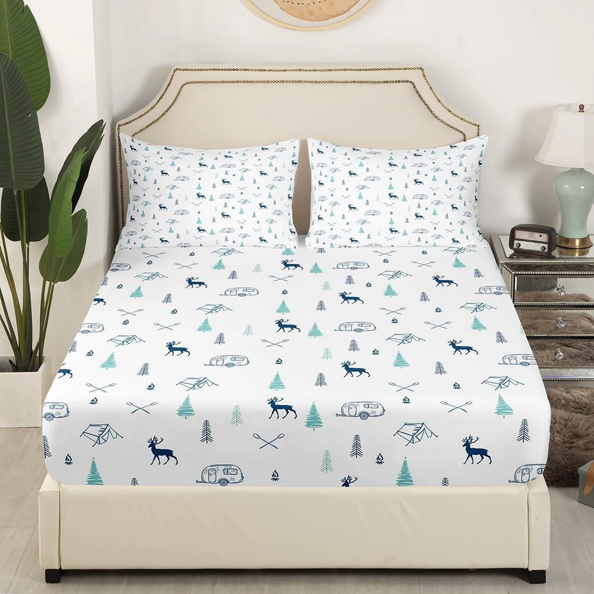 Camper Car Tent Fitted Sheet Queen Size,Deer Pine Tree and Lake Boat Paddle Print Bedding Set Kids Teens Adult Room Decor,Camping Hunting Bed Sheets White Green Navy Deep Pocket Sheet,2 Pillowcase