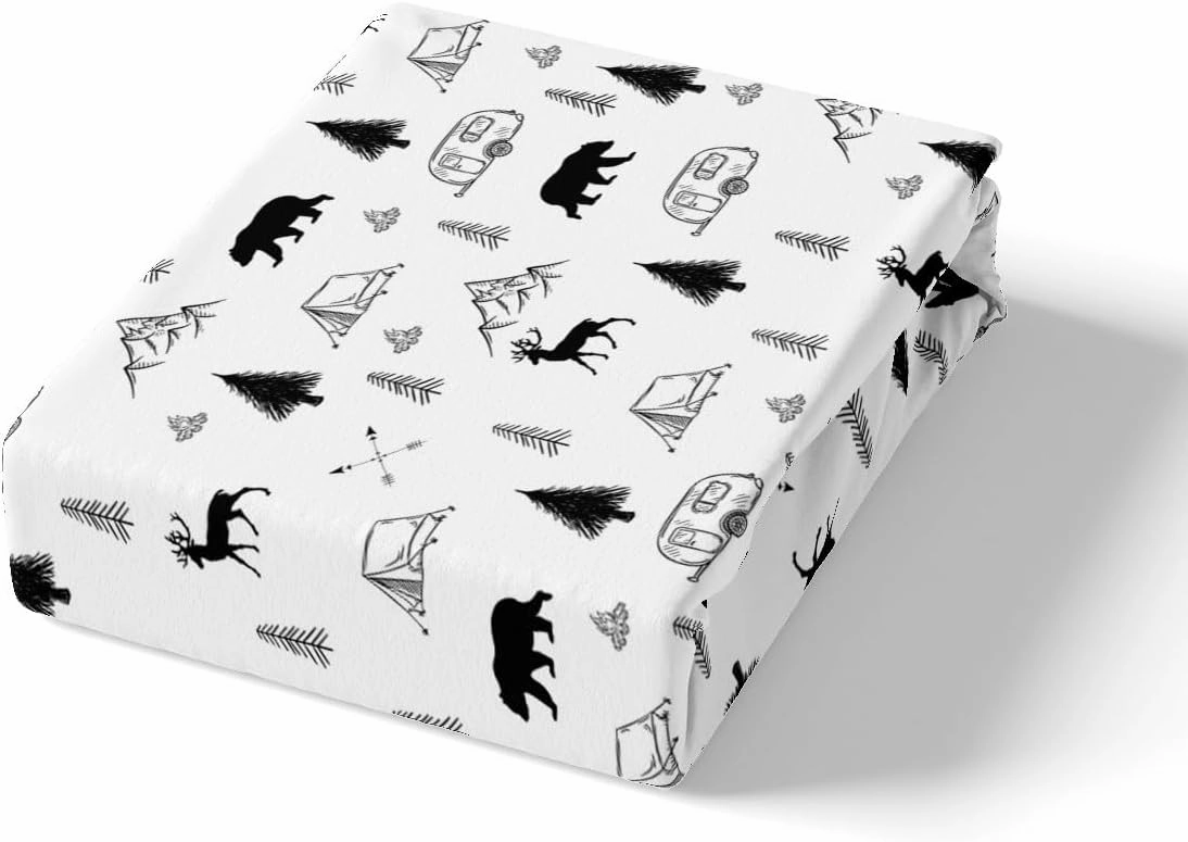 Camper Car Tent Print Bedding Set Full Size,Bear Deer Fitted Sheet Pine Jungle Mountain Pattern Bed Sheets Camping and Hunting Adventure Deep Pocket Sheet for Kids Boys Men Room Decor,Black White