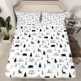 Camper Car Tent Print Bedding Set Full Size,Bear Deer Fitted Sheet Pine Jungle Mountain Pattern Bed Sheets Camping and Hunting Adventure Deep Pocket Sheet for Kids Boys Men Room Decor,Black White
