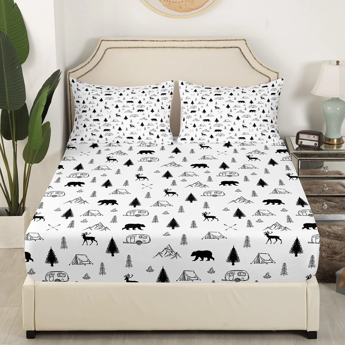 Camper Car Tent Print Bedding Set Full Size,Bear Deer Fitted Sheet Pine Jungle Mountain Pattern Bed Sheets Camping and Hunting Adventure Deep Pocket Sheet for Kids Boys Men Room Decor,Black White