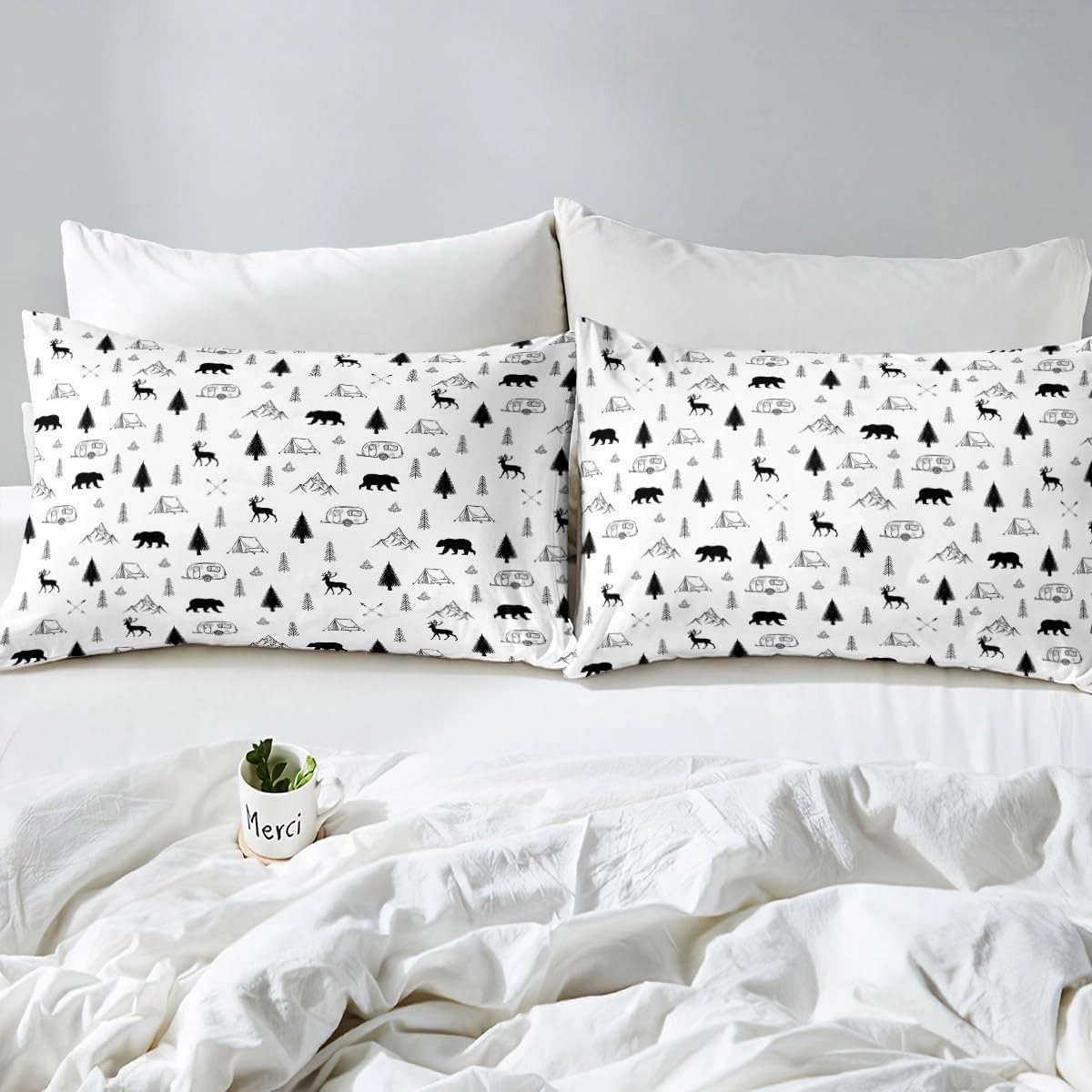 Camper Car Tent Print Bedding Set Full Size,Bear Deer Fitted Sheet Pine Jungle Mountain Pattern Bed Sheets Camping and Hunting Adventure Deep Pocket Sheet for Kids Boys Men Room Decor,Black White