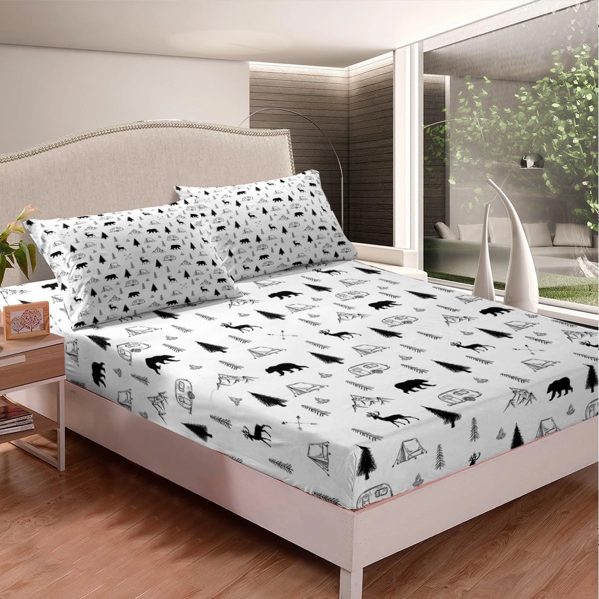 Camper Car Tent Print Bedding Set Full Size,Bear Deer Fitted Sheet Pine Jungle Mountain Pattern Bed Sheets Camping and Hunting Adventure Deep Pocket Sheet for Kids Boys Men Room Decor,Black White